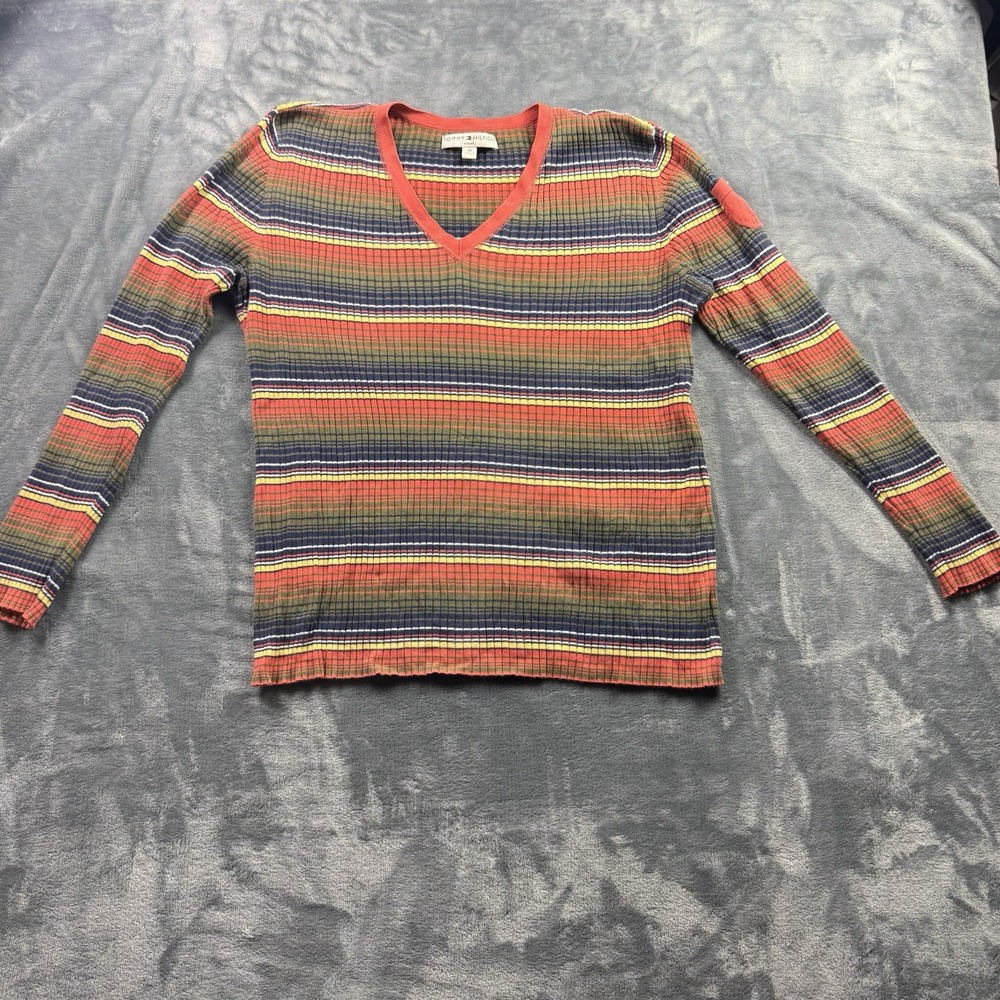 Vintage Tommy Hilfiger Women 2X Ribbed Striped V Neck Shirt Long Sleeve Japan